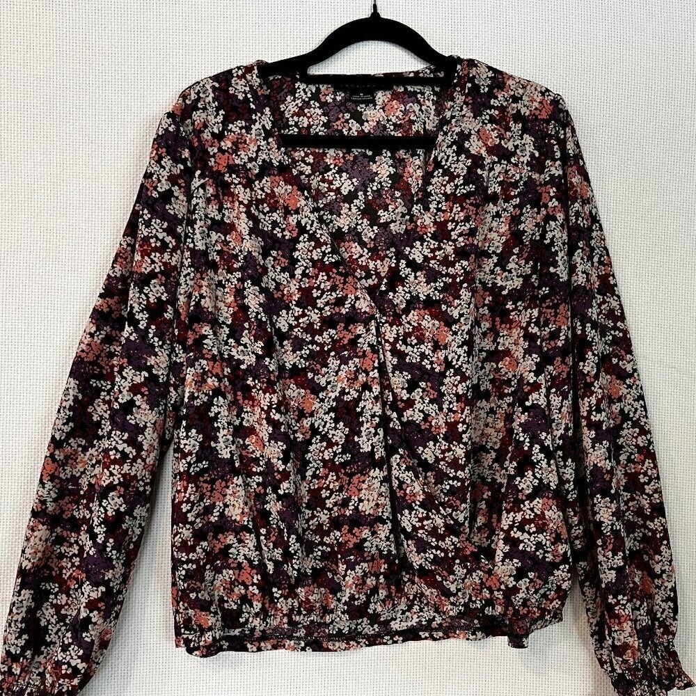 Sanctuary Ditsy Floral Surplice Wrap Blouse Purple Pink Long Sleeve Size Medium